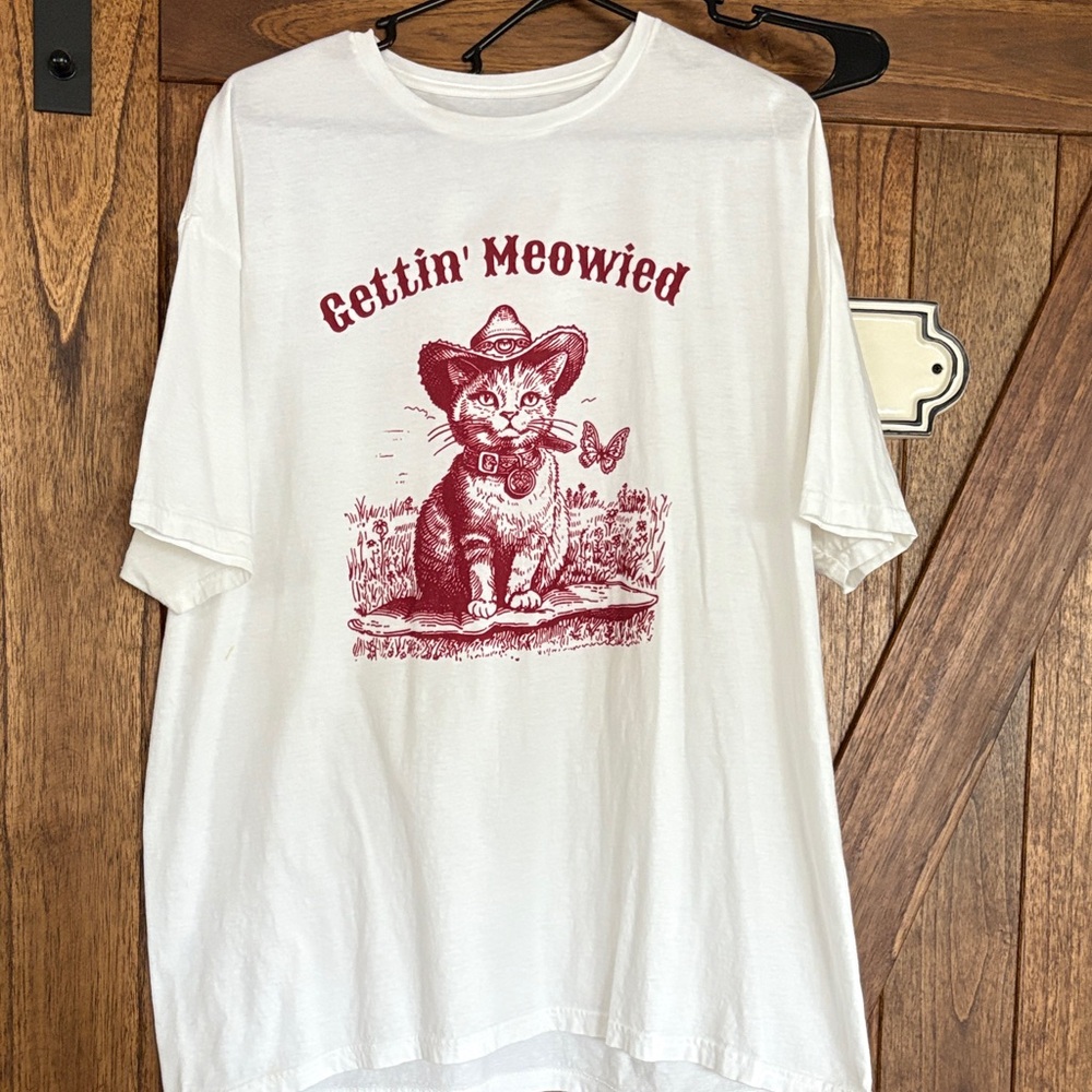 White T-Shirt with Cat Graphic